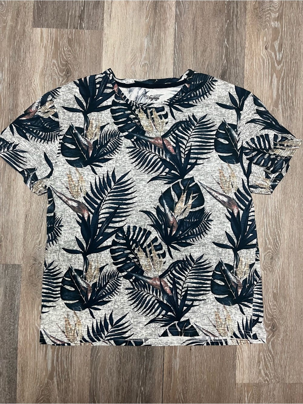 Men's Casual Tropical Leaf Short Sleeve Tee - Navy/Gray
